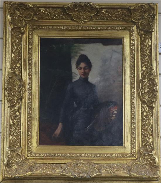 Follower of Matthijs Maris (1839-1917) An elegant lady with a palette in her hand 13.5 x 10.25in.